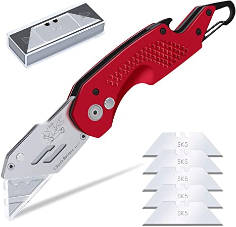 Pocket Utility Knife Cutter, Kingsdun FC Folding Knives Box Cutter with Extra 5pcs SK5 Blades, Belt Clip, Bottle Opener Function, Easy Release Button, Quick Change Blades and Lock-Back Design Aluminum Body - Red