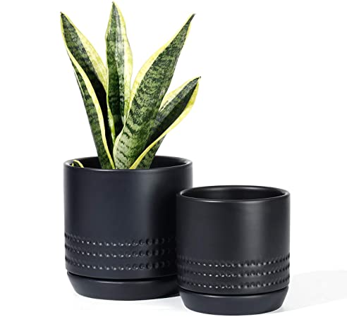 POTEY 053404 Plant Pots with Drainage Holes & Saucer - Glazed Ceramic Modern Planters Indoor Bonsai Container for Plants Flower Aloe(Set of 2-5.1   4.2 Inch, Matte Balck, Plants Not Included)