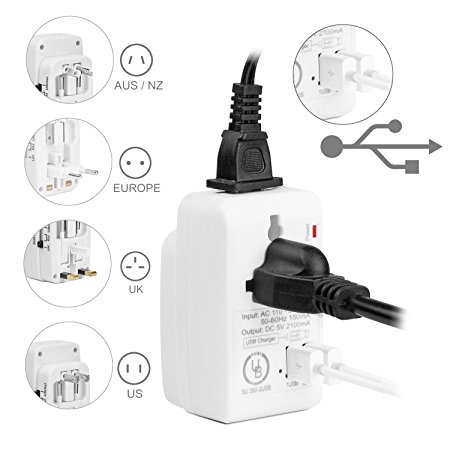 Yubi Power 2 USB Charging Port (2A) All in One Universal Worldwide Travel Wall Charger AC Power AU UK US EU Plug Adapter Adapter.