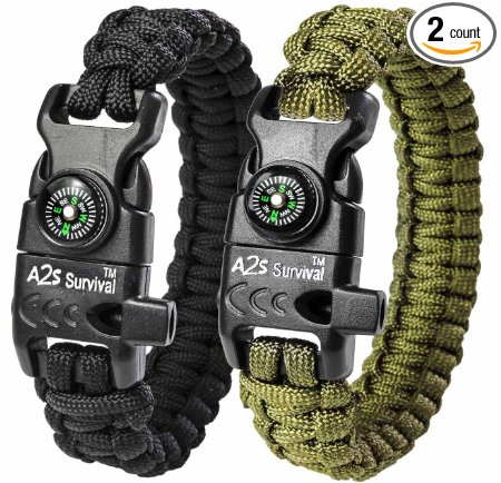 A2S Paracord Bracelet K2-Peak Series – Survival Gear Kit with Embedded Compass, Fire Starter, Emergency Knife & Whistle – Pack of 2 - Quick Release Slim Buckle Design Hiking Gear