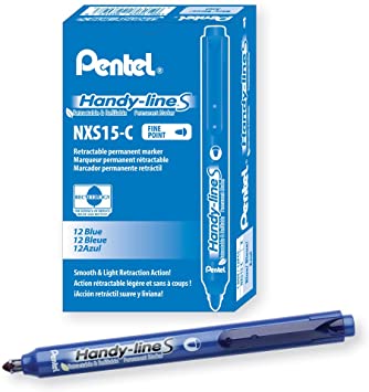 Pentel Handy-line S Retractable and Refillable Permanent Marker, Chisel Tip, Blue Barrel, Blue Ink, Box of 12 (NXS15-C)