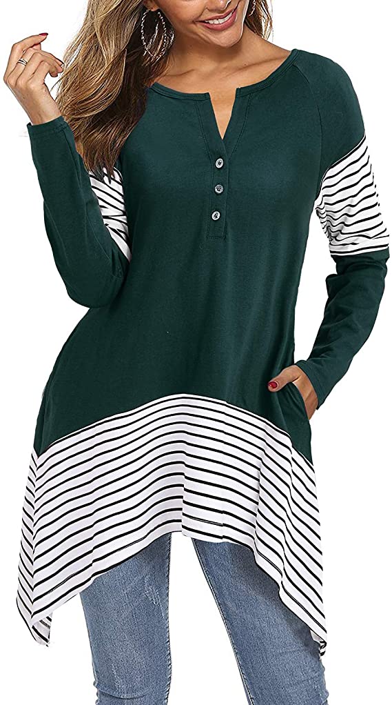 VOTEPRETTY Womens Long Sleeve Striped Tunic Swing Tops Button Henley Shirts Blouse with Pockets