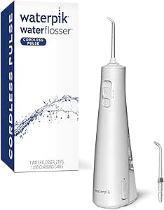 Waterpik Cordless Pulse Rechargeable Portable Water Flosser for Teeth, Gums, Braces Care and Travel with 2 Flossing Tips, Waterproof, ADA Accepted, WF-20 White