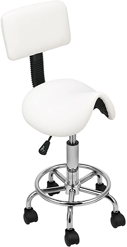 Voilamart Saddle Salon White Massage Chair with Backrest Adjustable Swivel Hydraulic Gas Lift Ergonomic Stool for Hairdressing Manicure Tattoo Therapy Beauty Massage Spa Salon