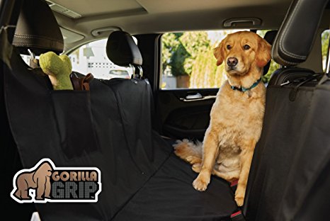 The Original GORILLA GRIP (TM) Non-Slip Hammock Convertible Car Seat Protector for Pets, Waterproof, Pocket, Velcro Seatbelt Openings, Zipper. Underside Grip, Anchors, Straps To Secure Cover (Black)