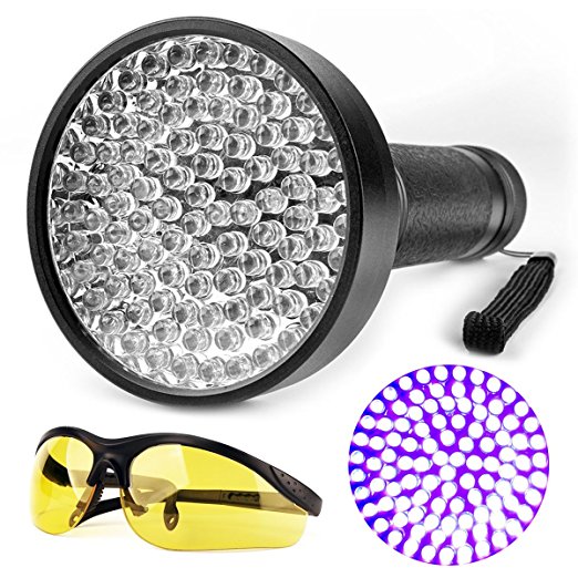 Ticoze Black Light UV Flashlight 100 LED Ultraviolet Handheld Blacklight for Pet Dog Cat Urine Stain Bed Bugs Scorpions Counterfeit Money Detector with Yellow UV Protective Safety Sunglasses Free