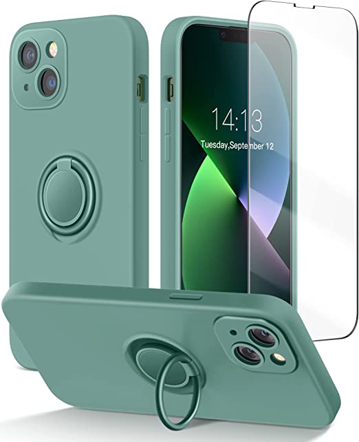 MOBOSI iPhone 13 Silicone Case with Ring Stand, [Enhanced Camera Protection] with Screen Protector, Soft Cotton Lining Full-Body Shockproof Protective Phone Case for iPhone 13 6.1 Inch, Green