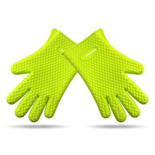 Binwo Heat Resistant BBQ Gloves - Pair of Best Silicone Pot Holders and Oven Mitts for Kitchen Cooking Baking Barbecue-Protective Your Hands-Green