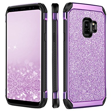 Galaxy S9 Case, Samsung Galaxy S9 Case, BENTOBEN 2 in 1 Glitter Bling Slim Hybrid Hard PC Cover Laminated with Sparkly Shiny Leather Chrome Shockproof Bumper Phone Cases for Samsung Galaxy S9 Purple