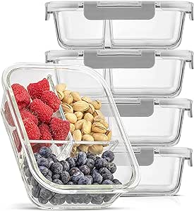 JoyJolt Divided Food Storage Containers with Lids Airtight. 5 Pack Glass Meal Prep Containers 3 Compartment Set Glass Bento Box. Reusable Food Containers, Portion Control Containers for Weight Loss