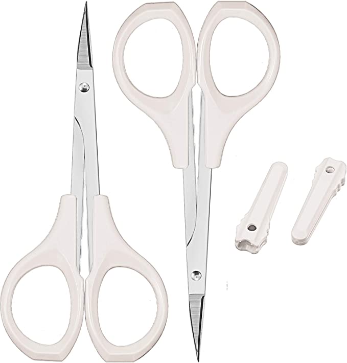 2 Pack Curved Craft Scissors Small Scissors Beauty Eyebrow Scissors Stainless Steel Trimming Scissors for Eyebrow Eyelash Extensions, Facial Nose Hair, 4 Inch (White)