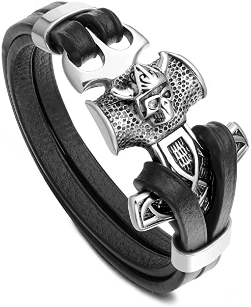 PiercingJ Mens Viking Thor's Hammer Mjolnir Bracelet Stainless Steel Skull Hammer Black Genuine Leather Bracelet Viking Wristband for Men