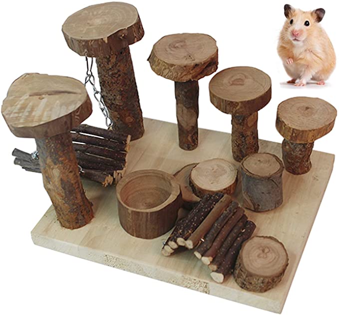 kathson Wooden Hamster Platform Pet Cage Playground Small Animal Habitat Activity Climbing Exercise Set with Feeder Bridge Steps Stairs Chewing Toys for Dwarf Hamster Mouse Syrian