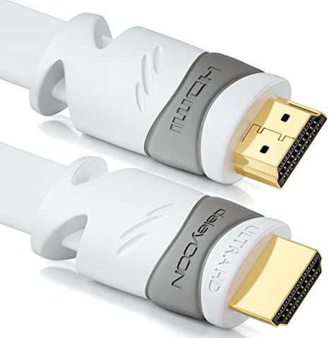 deleyCON 2m (6.56 ft.) Flat HDMI Cable - Compatible to HDMI 2.0 to 1.4 - UHD 4K HDR 3D 1080p 2160p ARC - High Speed with Ethernet - White
