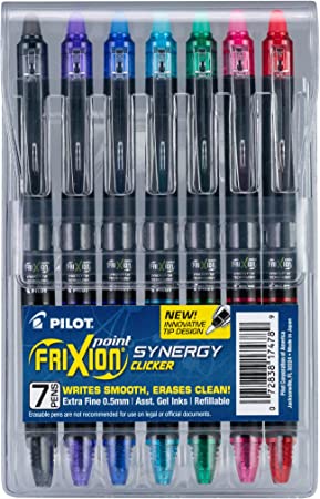 PILOT FriXion Synergy Clicker Erasable, Refillable & Retractable Gel Ink Pens, Extra Fine Point, Assorted Ink Colors, 7-Pack (17478)