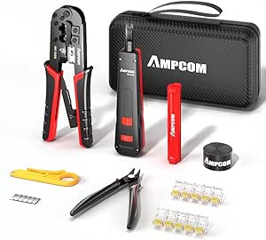 AMPCOM Ethernet Crimping Tool Kit 7-in-1 RJ45/RJ11 Network Tool Kit for Cat6/Cat5e/Cat5 RJ45 Connectors with 110 Punch Down Tool Wire Stripper in Portable Waterproof Bag