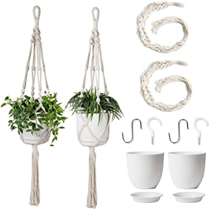 POTEY Macrame Plant Hanger with Pot Included - Hanging Planters Basket with Plastic Planter 6.3 Inch and 4 Hooks, (2 Plant Hangers and 2 Flower Pots) Hanging Plant Holder with Tassels 40'',Ivory