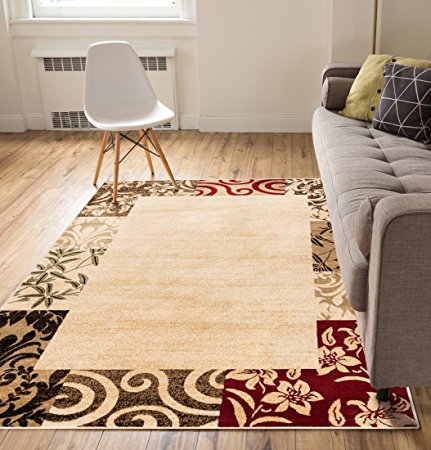 Verdant Vines Beige Modern Damask Border Rug 5x7 ( 5'3" x 7'3" ) Casual Oriental Easy Clean Stain Fade Resistant Shed Free Contemporary Floral Formal Gradient Soft Living Dining Room Rug