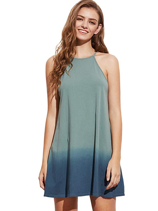 Romwe Womens Racer Neck Ombre Dress Tie Dye Ombre Swing Dress