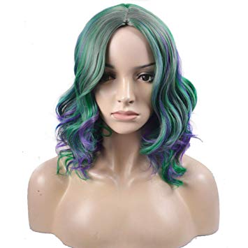 Short Curly Bob Wig Charming Women Girls Beach Wave Wigs for Cosplay Costume Party Wig Cap Included (Green/Purple)