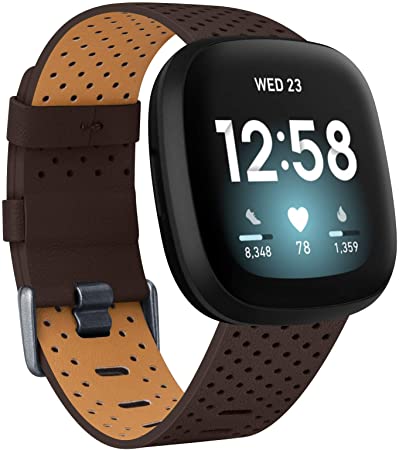 Strap Compatible with Fitbit Versa 3 / Fitbit Sense Strap Leather, Genuine Leather Replacement bands Compatible with Versa 3, Women Man (Small, Brown)