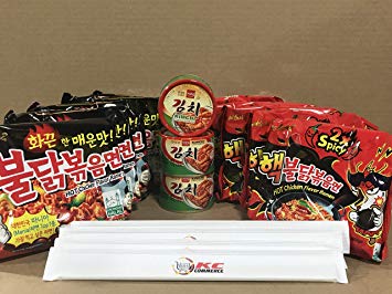 KC Commerce Samyang Hot Chicken Ramen Noodle 140g 10 Packs Combo Set With FREE Korean Kimchi & Chopstick (Regular & Double Spicy Combo)