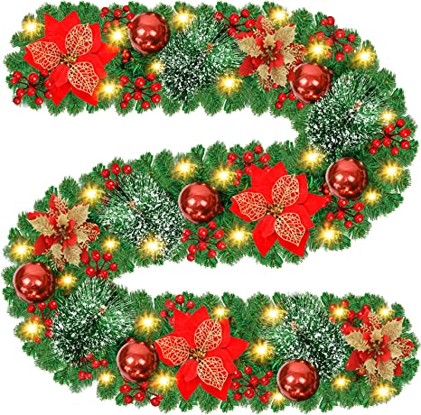 Christmas Garland, 9ft Christmas Garland Decorations with LED String Lights , Red Berries Wreath Garlands for Stairs Fireplaces Doors, Artificial Holiday Garland Decoration Indoor Outdoor,Gift