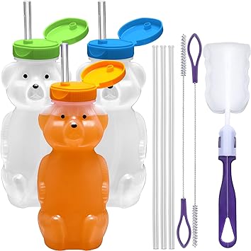 Special Supplies Honey Bear Straw Cup For Babies, 3-Pack Squeezable Therapy and Special Needs Assistive Drink Container, Spill Proof and Leak Resistant Lid