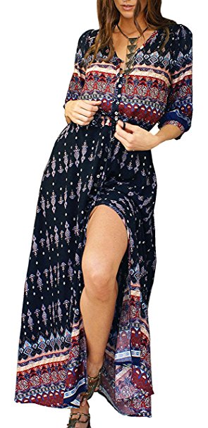 R.Vivimos Women Summer Button up Floral Print Split Beach Maxi Dresses