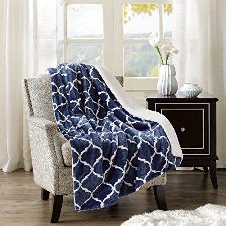 Comfort Spaces - Plush to Sherpa Blanket Throw - 50x60 inches - Ogee - Navy