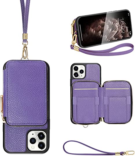 ZVE iPhone 11 Pro Max Wallet Case, iPhone 11 Pro Max Zipper Case with Credit Card Holder Slot Handbag Purse with Wrist Strap Leather Case for Apple iPhone 11 Pro Max 6.5 inch - Light Purple