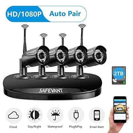 Wireless CCTV Camera System,Safevant Full-HD 4CH Wireless Video Security System with 4pcs 1080P Wireless Security Cameras,65ft Night Vision,2TB HDD Pre-installed, Plug& Play