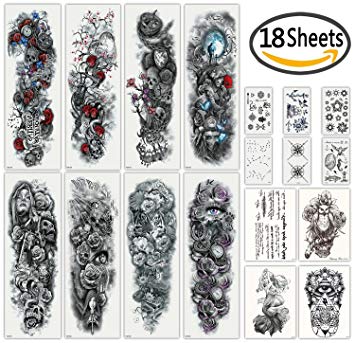 DaLin Extra Large Full Arm Temporary Tattoos and Half Arm Tattoo Sleeves for Men Women, 18 Sheets (Collection 1)
