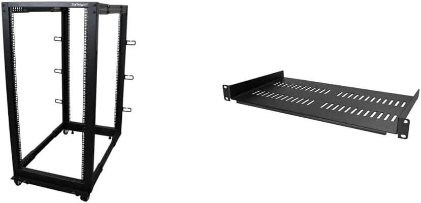 StarTech.com 25U Open Frame Server Rack - 4 Post Adjustable Depth (4POSTRACK25U) & .com 1U Server Rack Shelf - Universal Vented Rack Mount Cantilever Tray for 19'' Black (CABSHELFV1U)