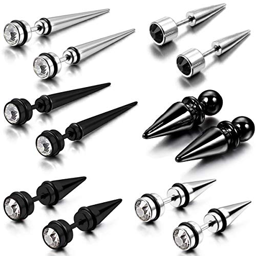 Aroncent 12PCS Men's Stainless Steel Fake Illusion Tunnel Cheater Piercing Jewelry Stud Earrings Set