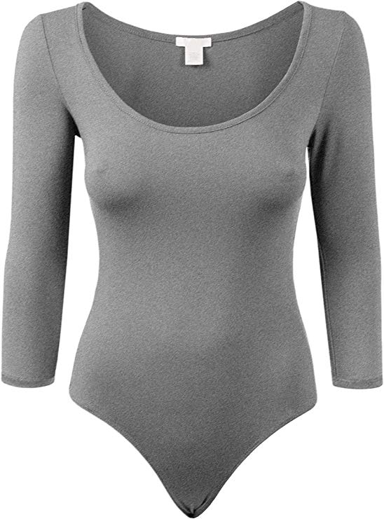 BEKDO Womens Basic Solid 3/4 Sleeve Scoop Neck Bodysuit Thong Leotard