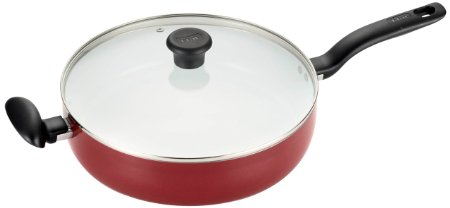 T-fal C91482 Initiatives Nonstick Ceramic Coating PTFE PFOA and Cadmium Free Scratch Resistant Dishwasher Safe Oven Safe Jumbo Cooker Fry Pan Cookware, 5-Quart, Red