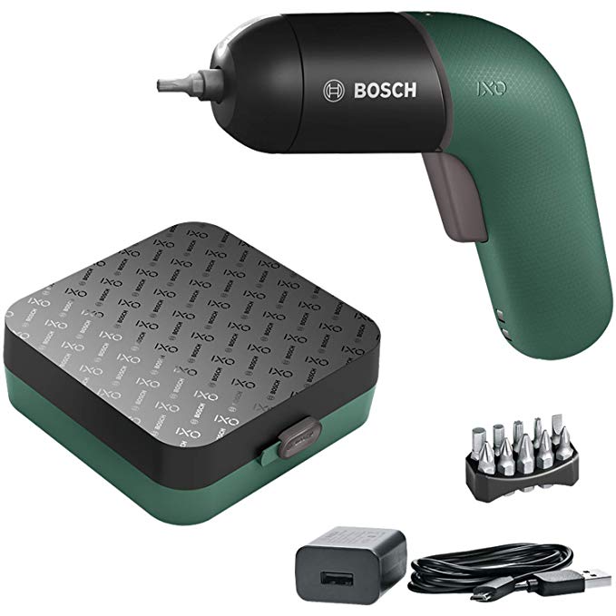 Bosch Electric Screwdriver IXO (6th Generation, green, rechargeable with micro USB-cable, variable speed control, in storage case)