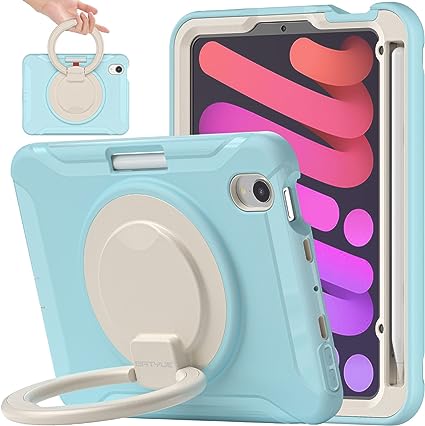 BATYUE iPad Mini 6th Generation Case, iPad Mini 6 Case 2021 with Apple Pencil Charging Pencil Holder/ 360° Swivel Stand/Handle Grip, Shockproof Protective Rugged Case for iPad Mini 6 - Frozen Blue