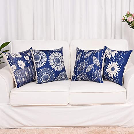 YINNAZI Fashion Geometric Floral Pattern Throw Pillow Covers Square Decorative Cushion Case for Sofa Couch Printing Pillowcase,18 inch,4 Pack,Many Color, Navy Blue and White