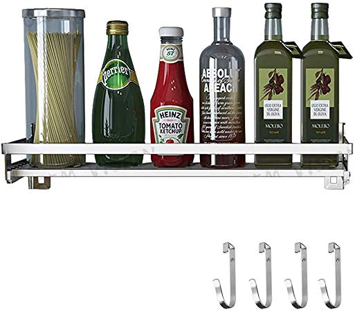 Eastore Life Spice Rack Organizer with 4 Hooks - 304 Stainless Steel Storage Shelf for Kitchen & Bathroom, Wall Mounted Seasoning Shelf, Easy to Assemble, 15.7-Inch