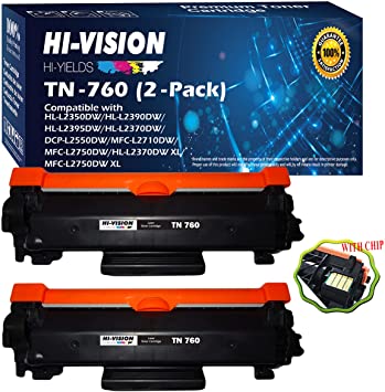 (High Capacity) Compatible (Two-Pack) TN-760 TN760 Toner Cartridge Replacement (Black) for HL-L2395DW, Sold by HI-VISION HI-YIELDS