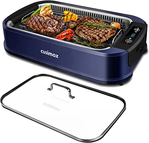 CUSIMAX Smokeless Grill, Indoor Grill Portable Korean BBQ Grill with Turbo Smoke Extractor Technology, Non-stick Removable Grill Plate, Tempered Glass Lid, Easy to Use & Clean, Blue