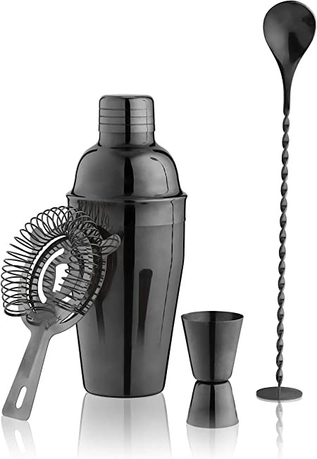 True Barware Set | Cocktail Bar Tools with Cobbler Shaker with Lid, Double Jigger, Muddler Bar Spoon Swizzle Stick, Hawthorne Strainer, Bartender Accessories, Black