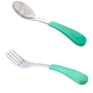 Avanchy Baby Fork   Spoon Set | First Stage Stainless Steel, Soft Silicone Handle Baby Spoons, Training Spoon, Gift Set for Baby (Green)
