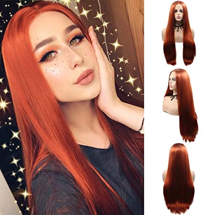 BESTUNG Long Copper Red Straight Lace Front Wigs For Halloween Party Middle Part Synthetic Hair Wig for Women 24Inch (Straight, Copper Red #360)
