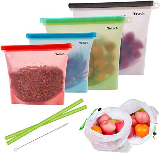 Reusable Silicone Food Storage Bags, 4 Pack Airtight Snack Bags (2 Large & 2 Medium   Bonus Silicone Collapsible Straws & Produce Storage Bags) Baggies for Cooking, Sous Vide, Sandwich, Meat