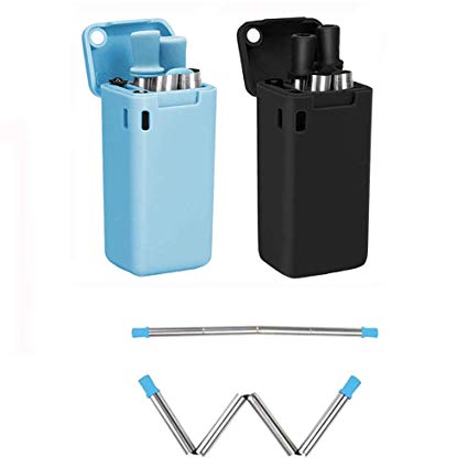 2-Pack Collapsible Straws, Stainless Steel Reusable Foldable Drinking Straws Upgraded Cleaning Brush For Party, Travel, Household, Outdoor (Black&Blue)