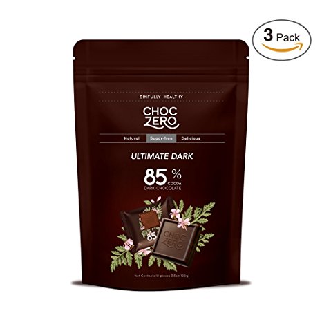 ChocZero 85% Ultimate Dark Chocolate, Sugar Free, Low Carb. No Sugar Alcohols, No Artificial Sweeteners, All Natural, Non-GMO - (3 Bags, 30 Pieces)
