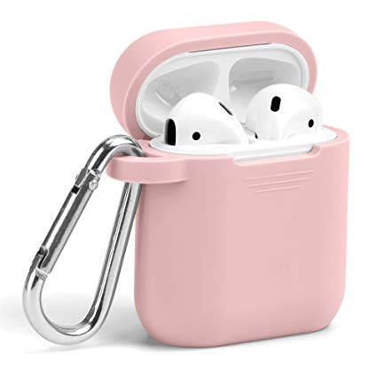 Airpods Case, GMYLE Silicone Protective Shockproof Wireless Charging Airpods Earbuds Case Cover Skin with Keychain kit Set Compatible for Apple AirPods 1 & 2 – Rose Quartz